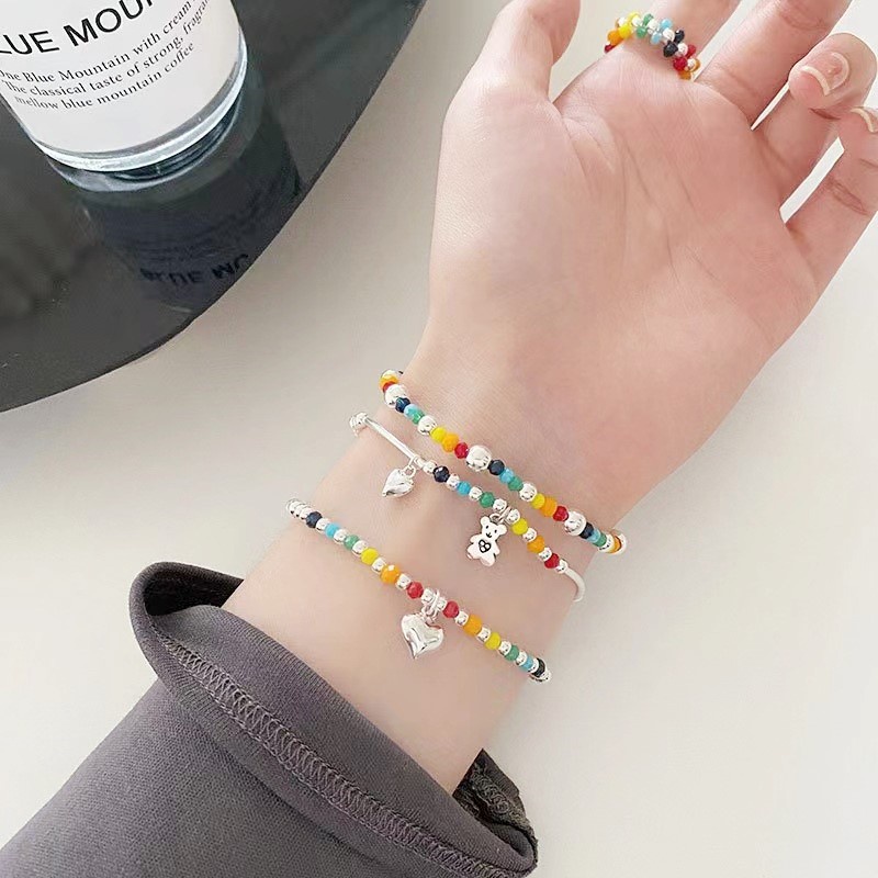 Vòng tay xỏ hạt màu cầu vồng mặt dây hình mặt cười/gấu trái tim thời trang cho nữ