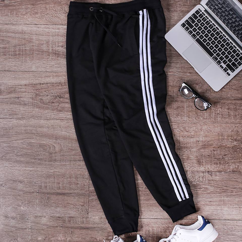 Quần Thể Thao Đen 3 Sọc Đen Trắng, ống suông +ống BO