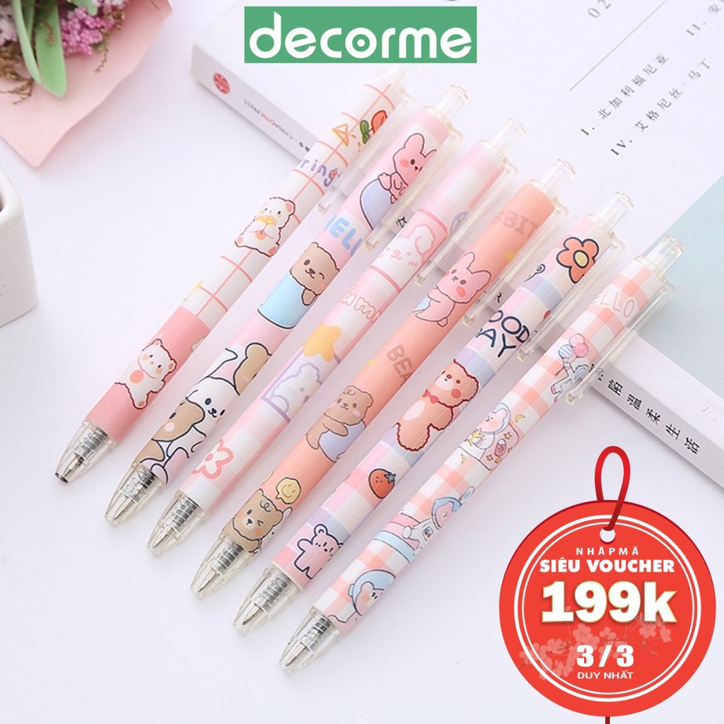 Bút gel mực đen ngòi 0.5mm Gấu hoạt hình cute DecorMe Viết gel bấm màu hồng đáng yêu BDC