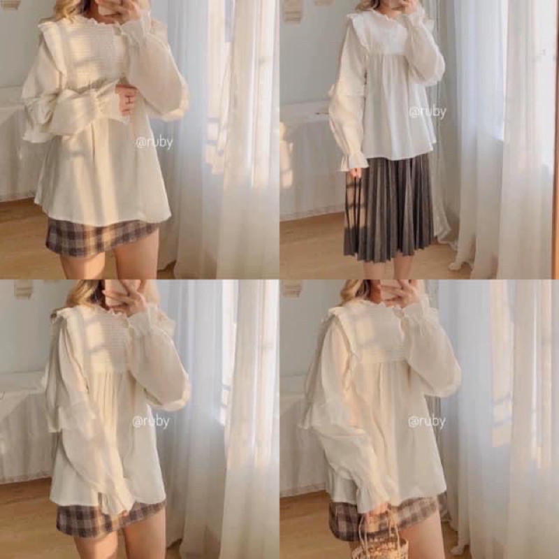Áo Babydoll viền bèo xếp ly ngực Ulzzang M03 ( hình thật, hàng có sẵn)