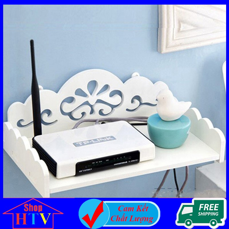 Kệ treo tường, kệ đặt modem wifi, đầu thu kỹ thuật số, remote, điện thoại, chất liệu gỗ Pitech cao cấp màu trắng - a04