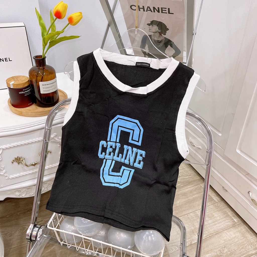 Áo kiểu 3 lỗ viền màu in chữ C to cực xinh , chất thun coton mềm mịn