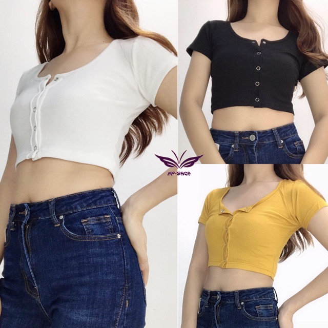 áo croptop nữ tay ngắn kiểu nút bấm, áo thun ôm trên rốn NPAO002