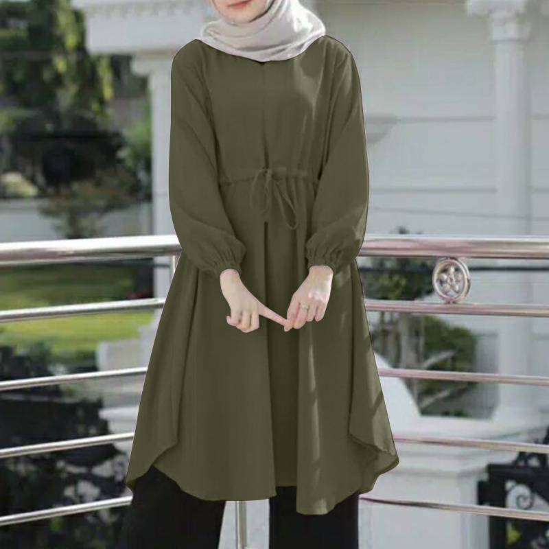 ZANZEA Áo Kiểu Dài Tay Màu Trơn Cột Dây Eo Thanh Lịch Cho Phụ Nữ Hồi Giáo