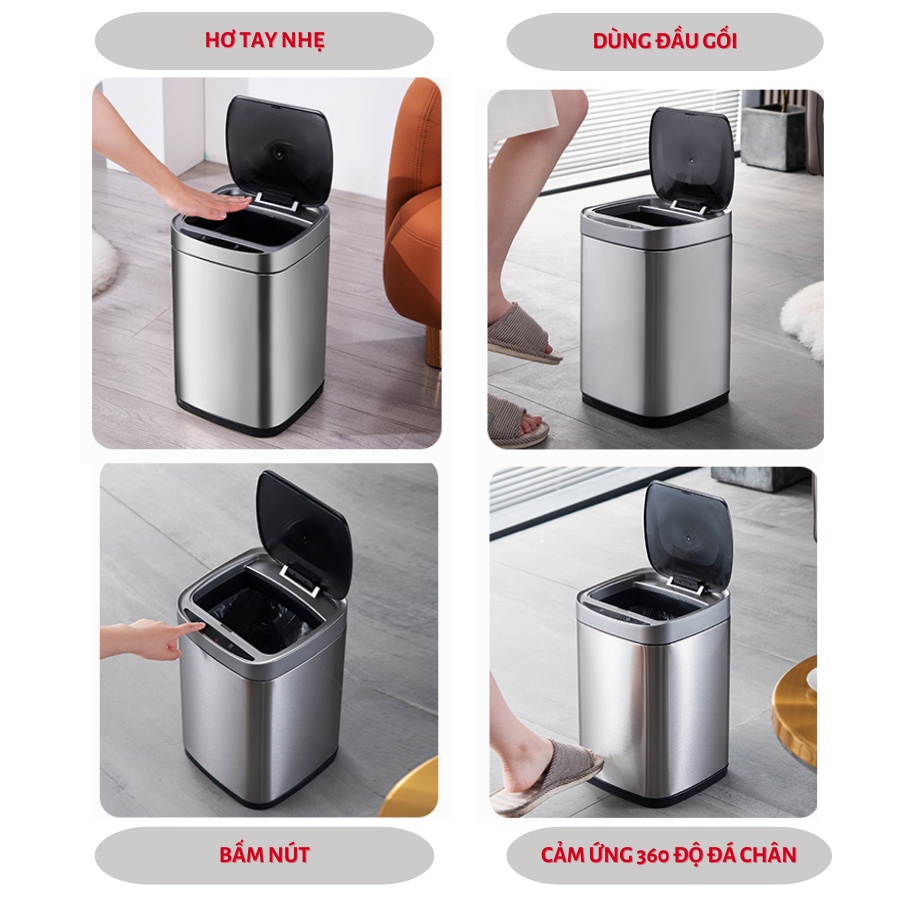 Thùng rác tự động cảm ứng thông minh inox cao cấp sáng bóng thùng rác Vikit