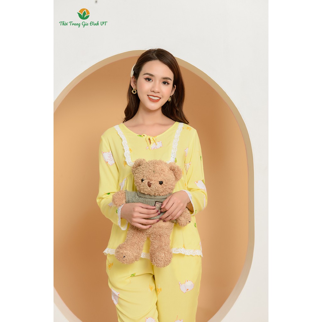 Đồ bộ mặc nhà Việt Thắng quần dài, áo dài tay nữ, chất Lanh - B10.2005