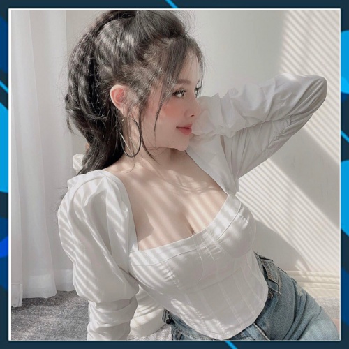 Áo sơ mi nữ kiểu croptop tay phồng Hàn Quốc cổ vuông vạt tôm mút đệm ngực