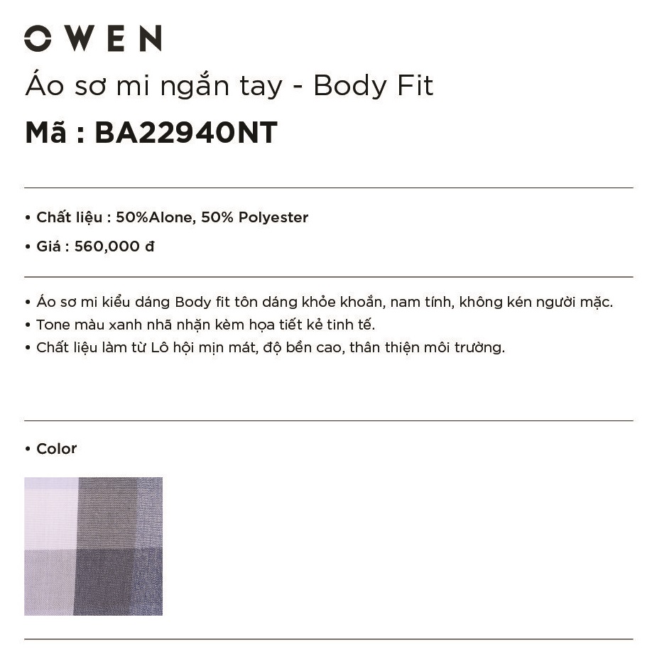 Áo Sơ Mi Nam Ngắn Tay Owen BA22940NT Cộc Tay Công Sở Cao Cấp Màu Kẻ Caro Xanh Trắng Xám Vải Lô Hội Dáng Body Fit Tà Bằng | BigBuy360 - bigbuy360.vn