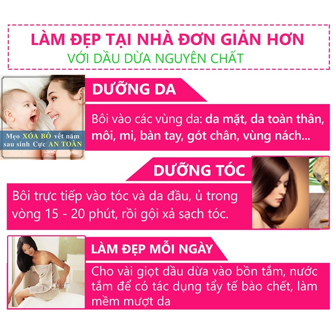 Dầu Dừa nguyên chất 100%  100ml, dưỡng da ,tóc,môi, làm dài và dày lông mi, mờ rạn da cho mẹ bầu