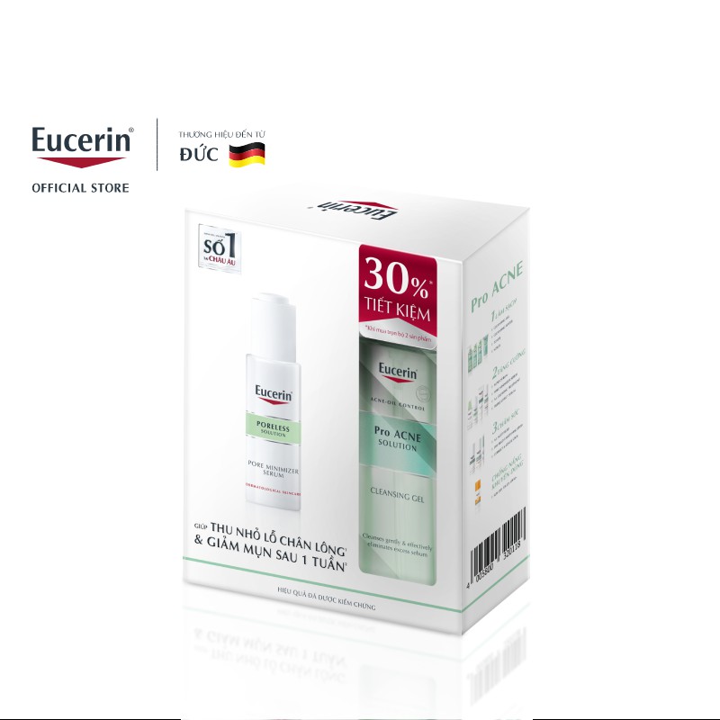 [Ưu Đãi 30%] Bộ sản phẩm giảm mụn Eucerin Pro Acne: Poreless Serum 30ml & Gel Rửa Mặt 200ml