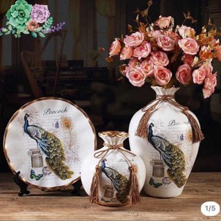 Bộ 2 bình 1 đĩa Con Công, Gốm sứ Bát Tràng