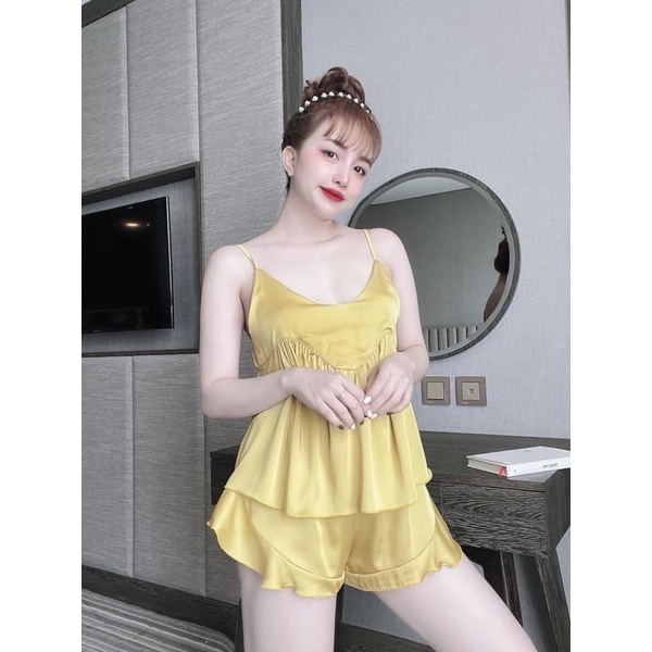 Bộ lụa satin mặc nhà mát, đồ bộ 2 dây dễ thương