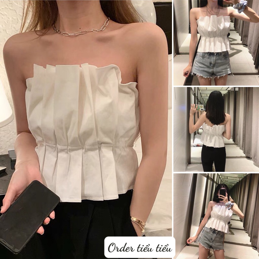 Áo croptop quây ngực ulzzang xếp ly sang chảnh