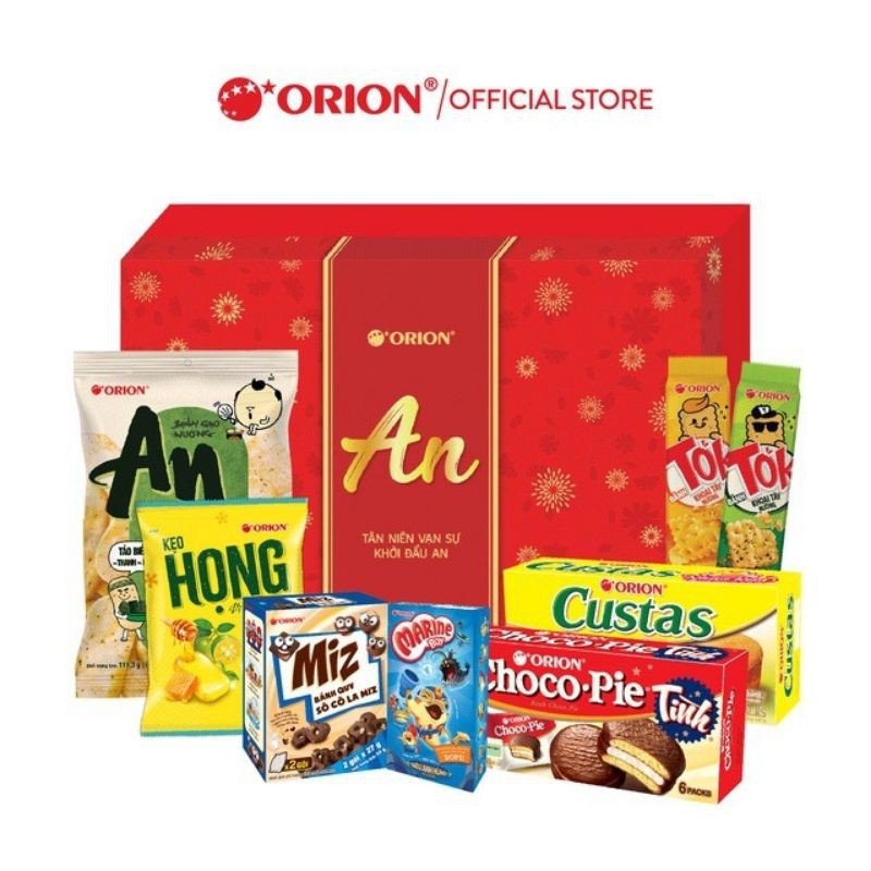 Hộp quà An nhỏ Orion hộp quà tết quà biếu chocopie custard bánh gạo marine boy kẹo họng snack rong biển phô mai