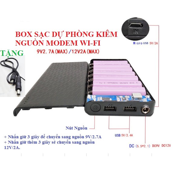 Box sạc dự phòng kiêm nguồn Wifi 12V  7 cell 18650 công nghệ tiên tiến hiện đại tặng kèm  Jack nguồn Wifi