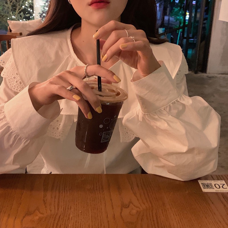 Áo kiểu cổ búp bê viền bèo thời trang ngọt ngào 2021 dành cho nữ