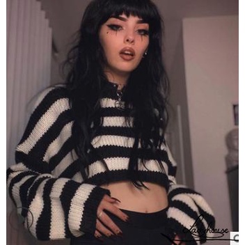Áo Croptop Dệt Kim Cổ Tròn Dáng Rộng Họa Tiết Kẻ Sọc Trắng Đen S / M Cho Nữ