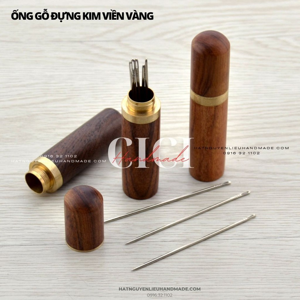 Ống gỗ đựng kim đựng tăm viền vàng, ống gỗ đựng tăm Cici Handmade nguyên liệu chuyên hạt đá hạt pha lê hạt cườm may đo