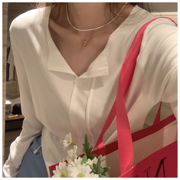 Áo Thun Tay Dài Cổ Chữ V Xẻ Tà Thời Trang Mùa Thu Mới 2022 Cho Nữ