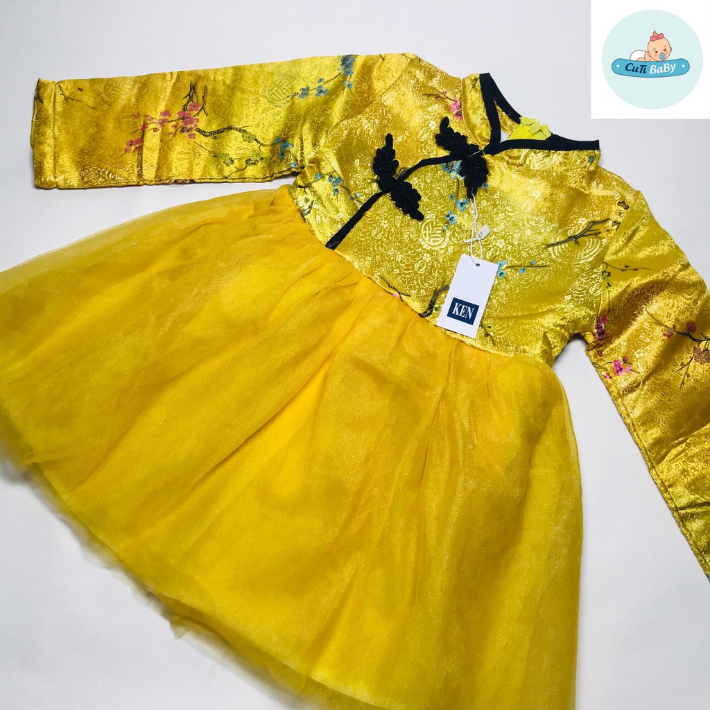 Váy Tết Gấm Hoa Mai Hoa Đào Lót Nỉ Phối Chân Ren Đáng Yêu Cho Bé Gái 3-6 Tuổi