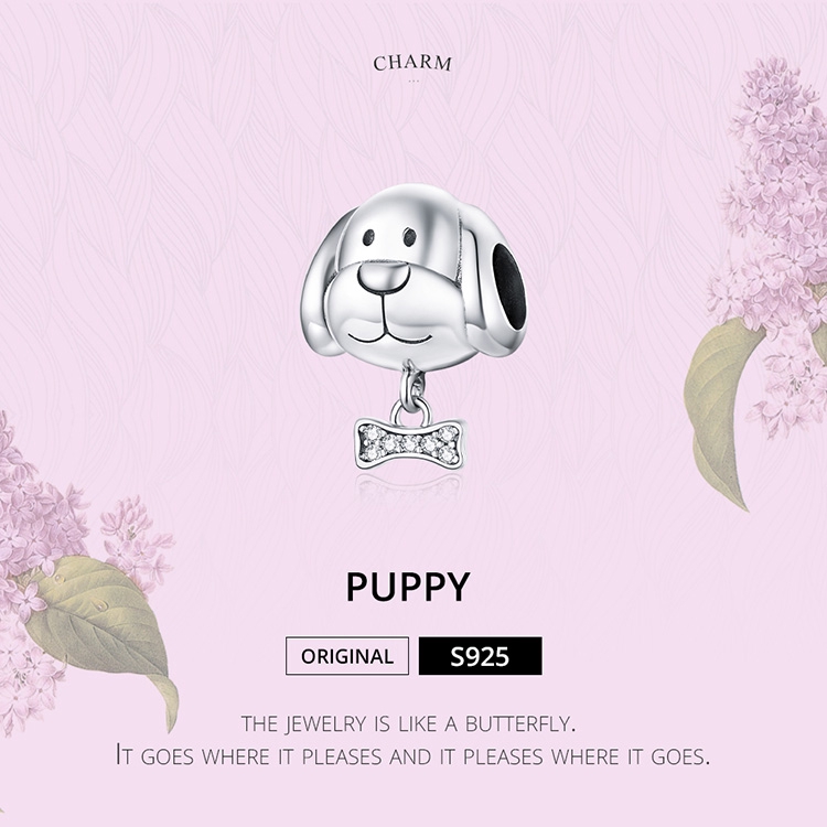 Hạt xâu trang sức Bamoer BSC244 bằng bạc Sterling 925 hình chú cún và xương dùng làm trang sức vòng tay cho nữ