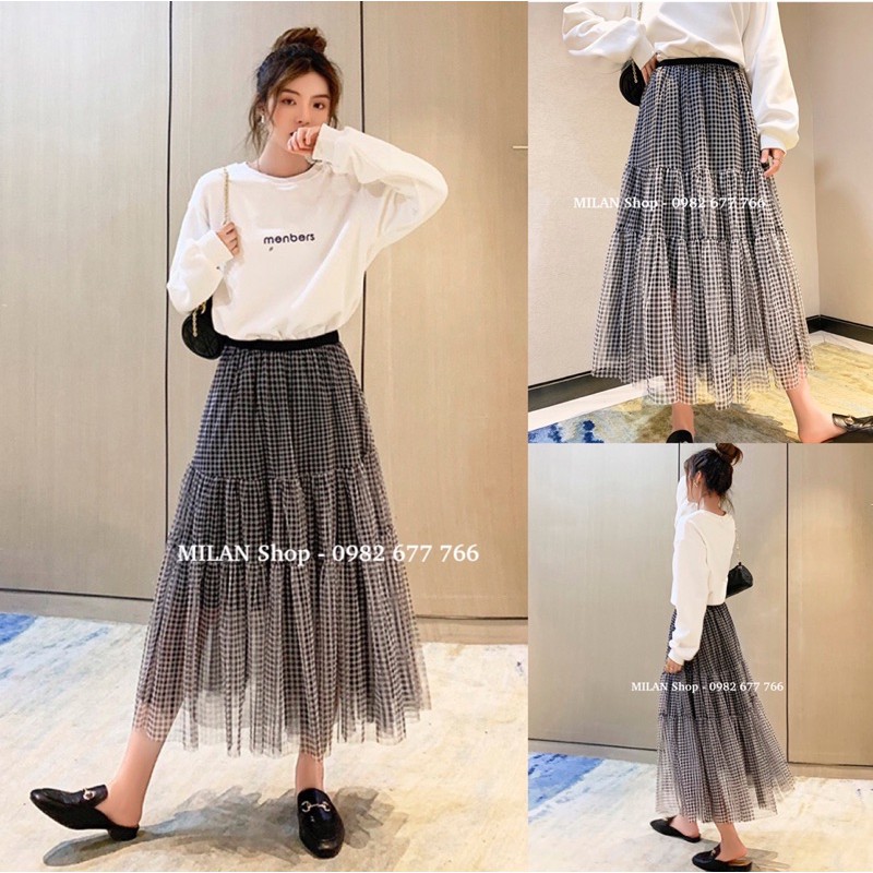 Chân váy midi kẻ caro bồng bềnh xinh yêu | BigBuy360 - bigbuy360.vn
