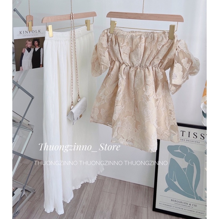 [Ảnh thật/Video]Áo Trễ Vai Laika In Hoa Dập Nổi Áo Ống Chiết Eo Hàng Quảng Châu Siêu Đẹp