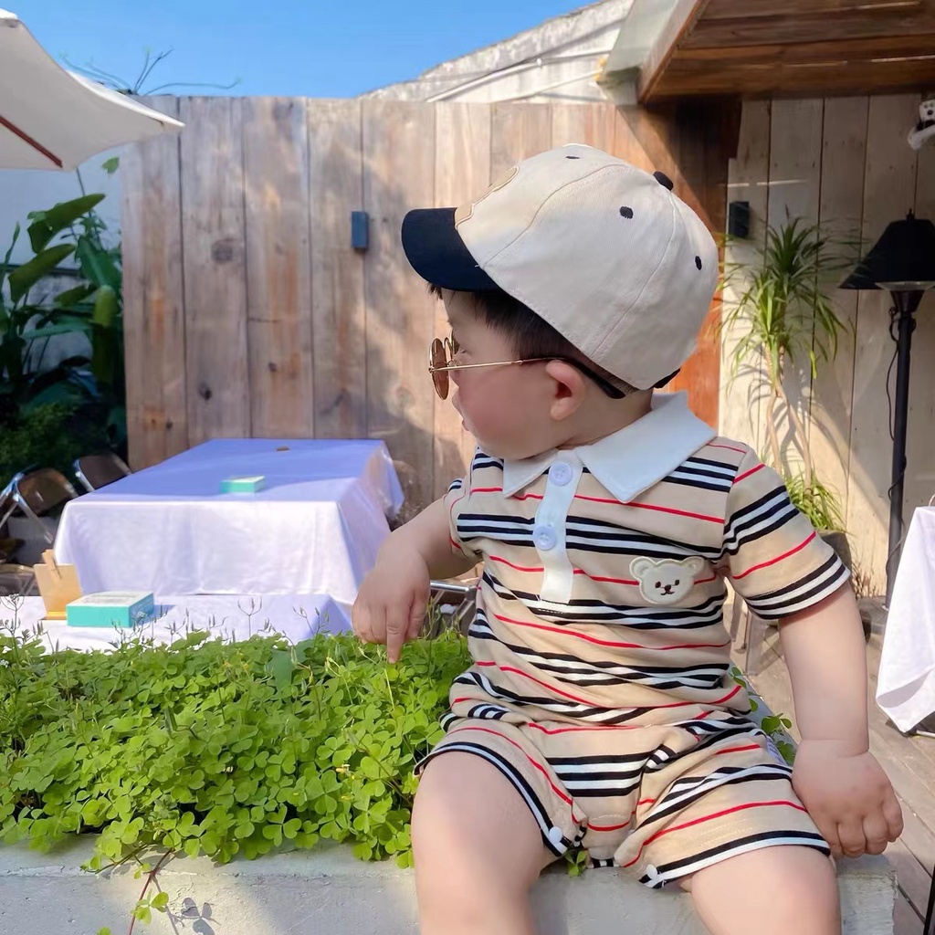 Áo Liền Quần Tay Ngắn Họa Tiết Sọc Và Gấu Hoạt Hình Dễ Thương Cho Bé Trai 0-2 Tuổi