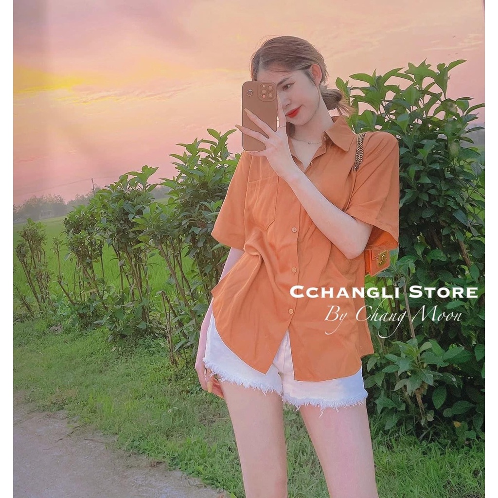 Set bộ sơ mi cam quần short đùi đồ bộ nữ đi chơi TH800