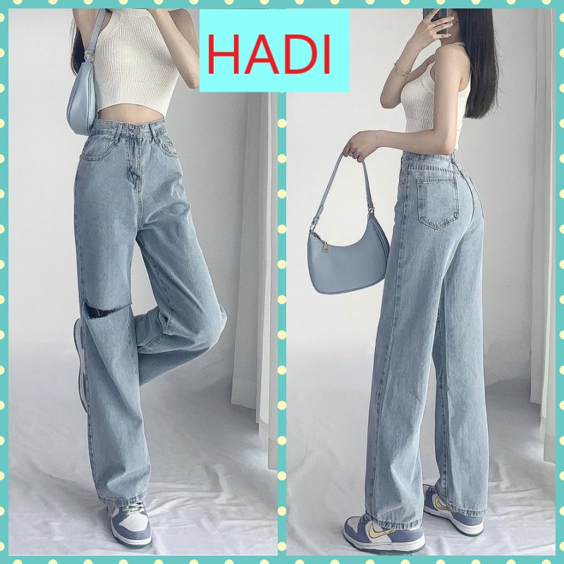 QUẦN JEANS ỐNG RỘNG NỮ LƯNG CAO RÁCH ĐÙI PHẢI MÀU XANH NHẠT LAI CUỐN CÁ TÍNH HOT HIT HADI PHÁ CÁCH