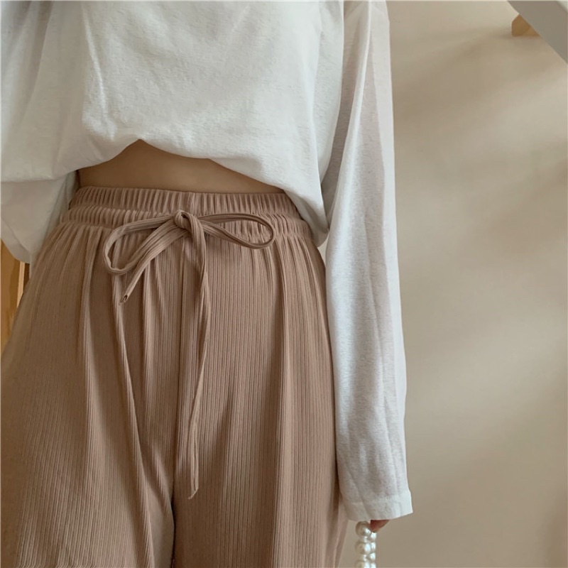 Quần thun gân dáng suông lưng cao phong cách thời trang nữ