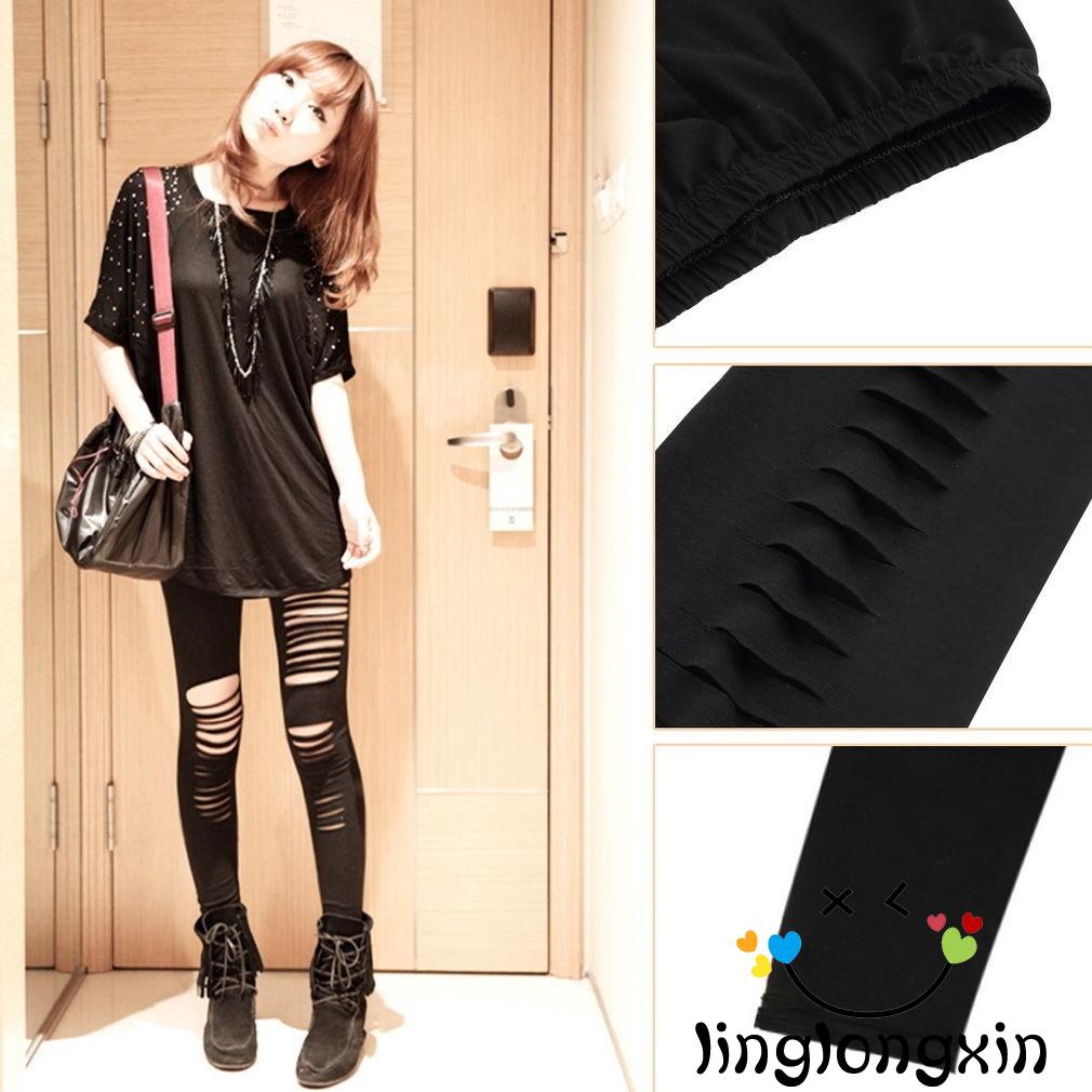 Quần legging dài lưng cao dáng ôm thiết kế rách lỗ thời trang cho nữ