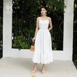 K193 Đầm maxi linen thêu ren sóng, 2 dây, đuôi cá.
