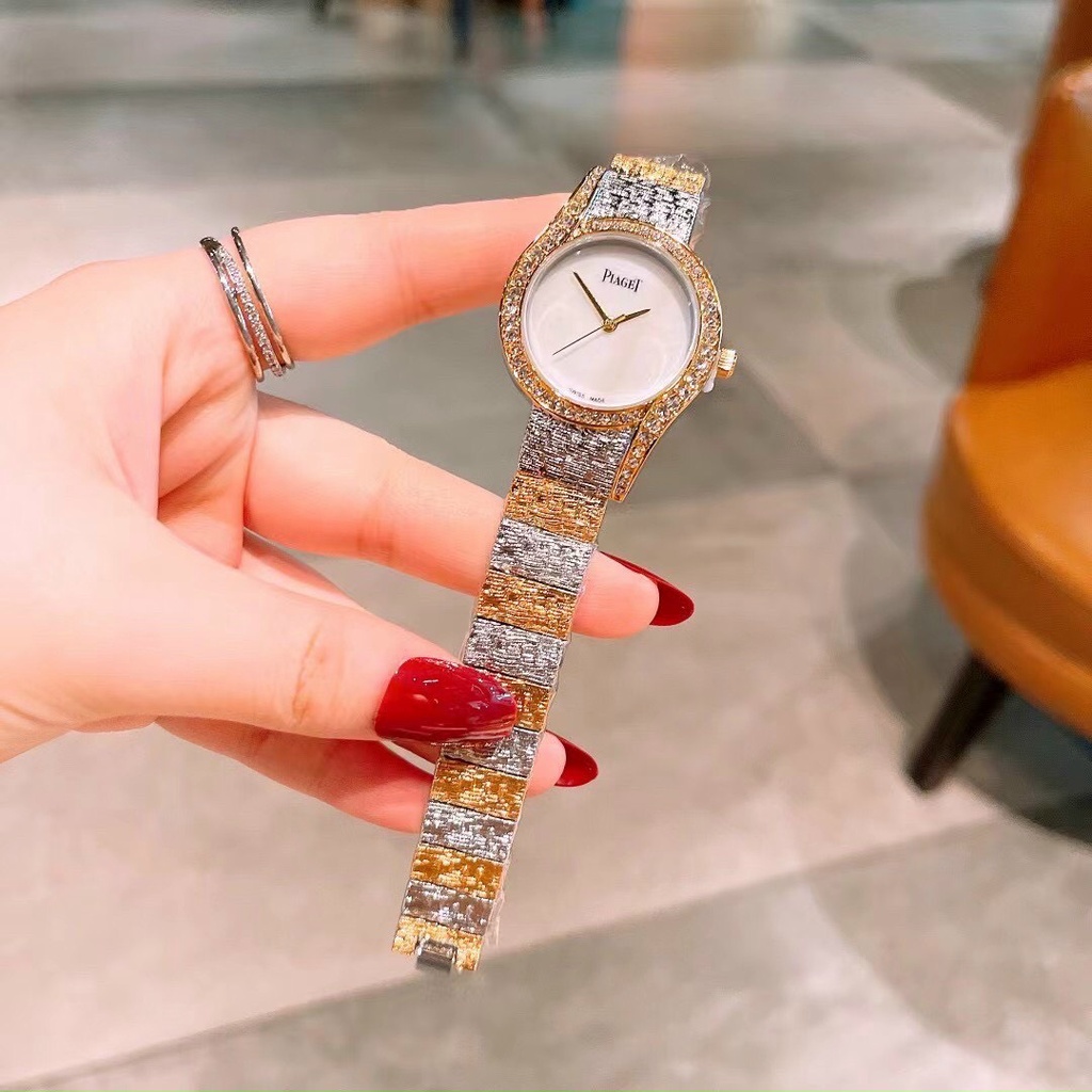 Đồng hồ piaget nữ mặt tròn xà cừ viền đính đá sang trọng quý phái - Bảo Hành 12 tháng