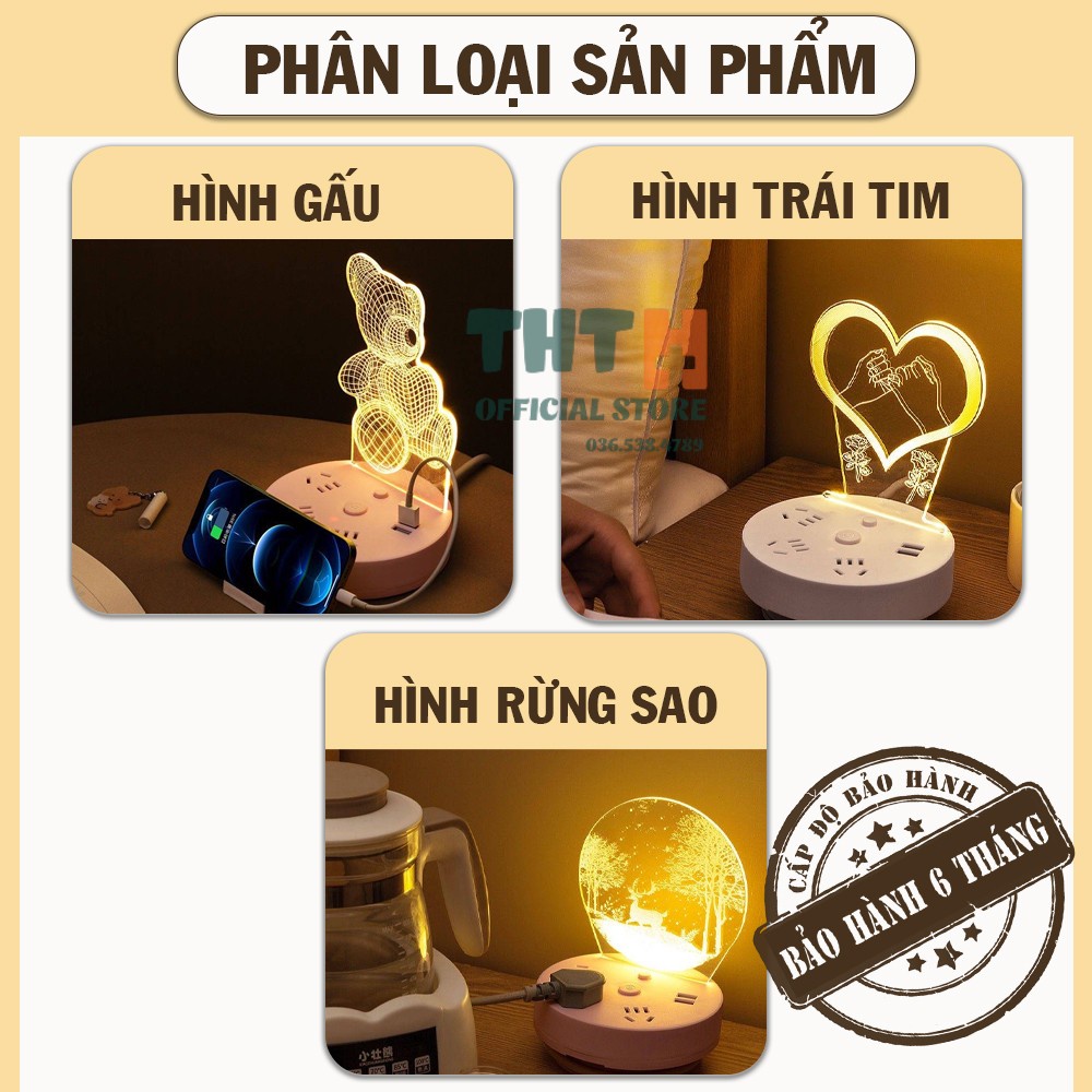 Đèn ngủ led 3D đổi 3 màu - Kiêm ổ cắm điện đa năng cắm sạc Usb tiện dụng Bảo hành 6 tháng.