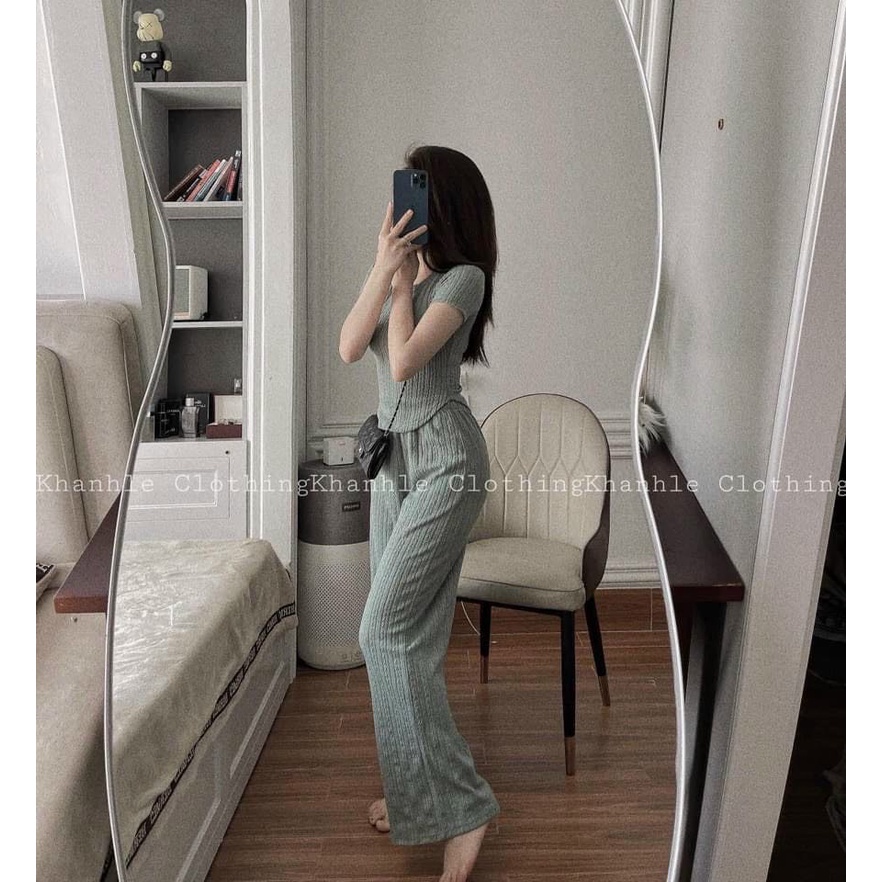 Bộ thun gân, áo lai bầu cho nữ mặc nhà, mặc đi chơi, quần ống rộng, chất vải co giãn siêu đẹp