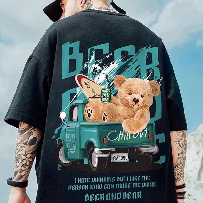 Áo Thun Nam Tay Ngắn Dáng Rộng In Hình Gấu Hoạt Hình Phong Cách Hip Hop Thời Trang Mùa Hè Size M-8XL