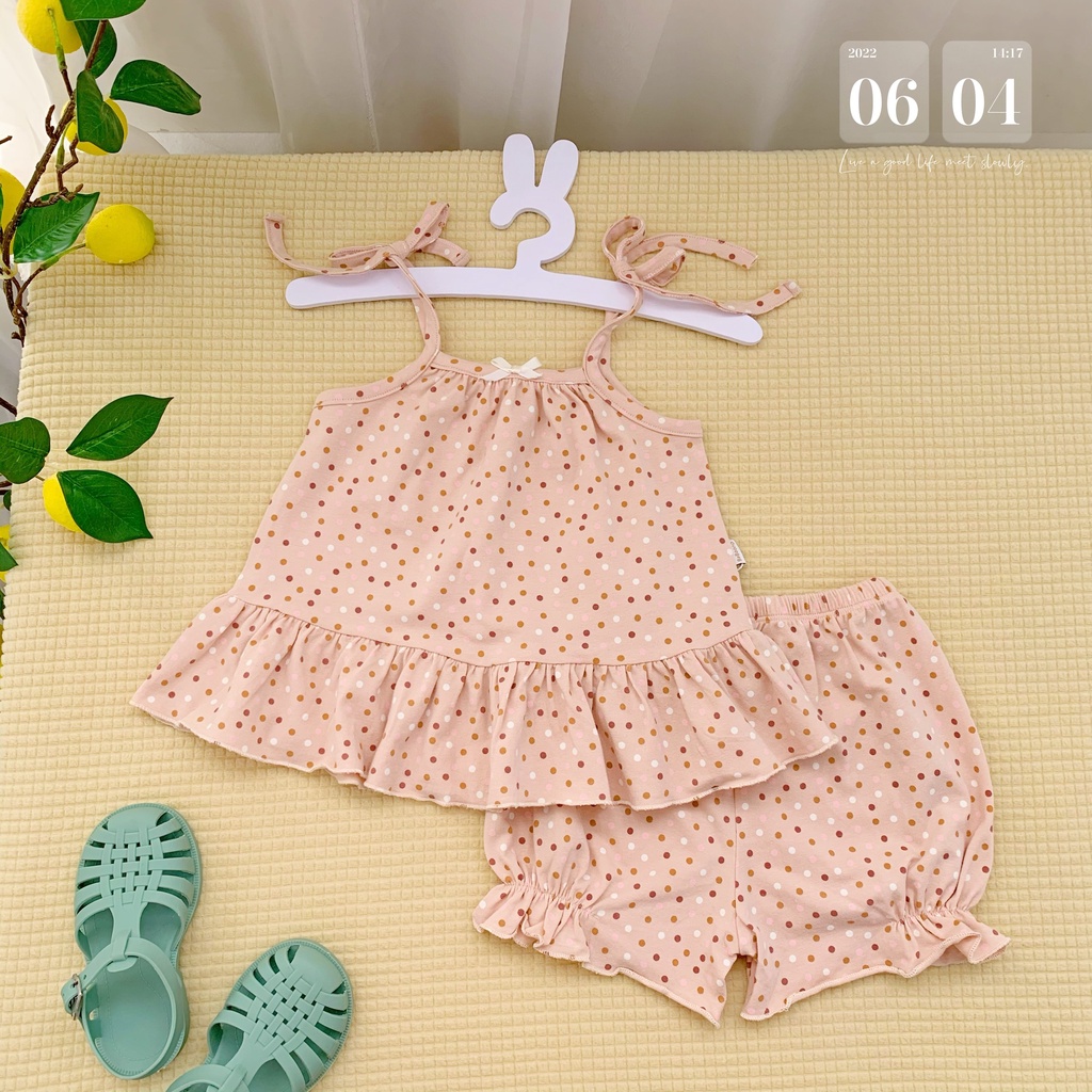 Bộ cotton hai dây xinh xắn cho bé, bộ thun hoạ tiết dễ thương cho bé gái