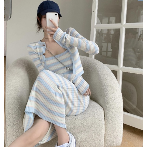 QKOOLE  Set Áo cardigan Chống Nắng + Chân Váy Dệt Kim Thời Trang Hàn Quốc Cho Nữ