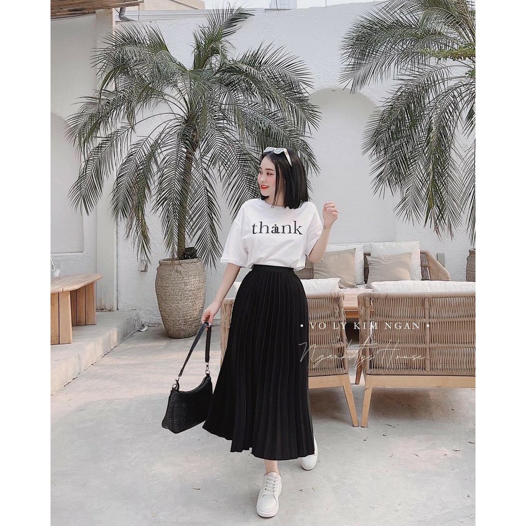Mẫu mới SIÊU HOT mùa hè này SET áo chữ THANK kết hợp với chân váy dập ly cao cấp để phục vụ chị em đi chơi đi tiệc