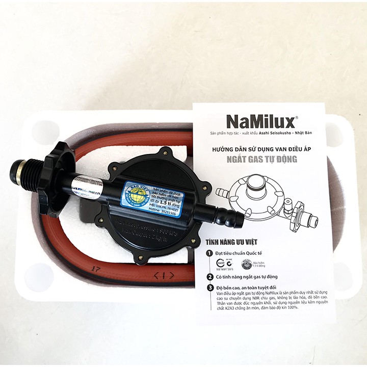 Bộ Van Ngắt Tự Động + dây Gas 1,5m cao su 3 lớp lõi thép NaMilux NA-345S-VN + 2 cổ dê