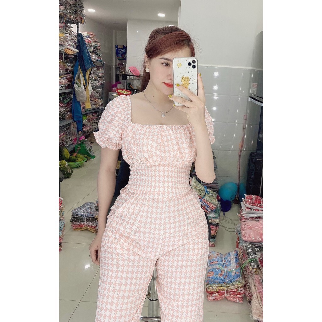 Bộ đồ mặc ở nhà, đi chơi, bộ đồ quần dài, áo cộc tay, cổ vuông, freesize dưới 65kg | BigBuy360 - bigbuy360.vn
