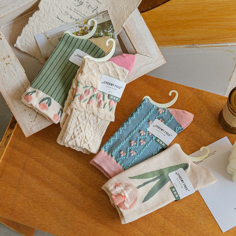 [HÀNG CÓ SẴN] TCC6 - Tất vớ cao cổ hoạ tiết hoa tulip vintage độc đáo phong cách Hàn Quốc