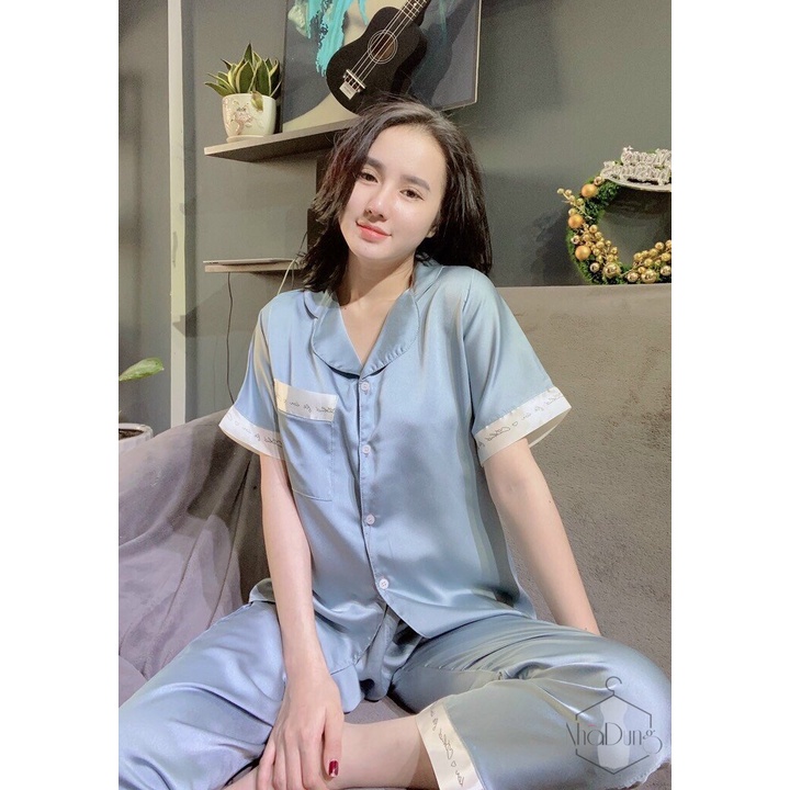 &lt;A15&gt; Đồ bộ nữ mặc nhà dài vải lụa satin cao cấp tay viền chữ ký mềm mát dễ thương dưới 55kg