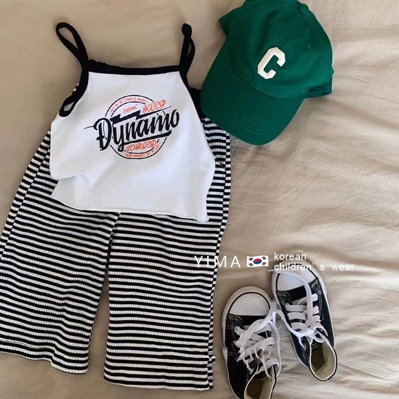 Bộ Áo Thun Không Tay + Quần Ống Rộng Họa Tiết Kẻ Sọc Phong Cách Hàn Quốc Thời Trang Mùa Hè 48 Giờ Cho Bé Gái