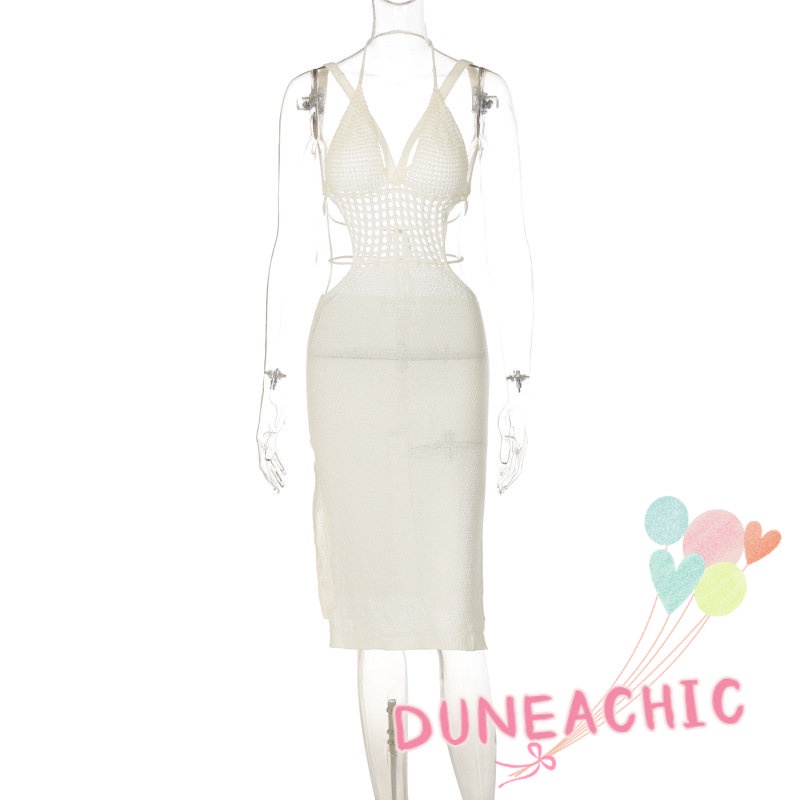 DUNEA Đầm Dệt Kim Xẻ Tà Hở Lưng Xuyên Thấu Gợi Cảm Cho Nữ