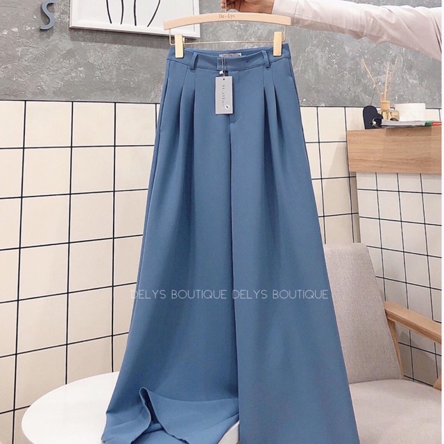 Quần ống rộng nữ lưng cao Delys quần suông nữ cạp cao màu xanh đá