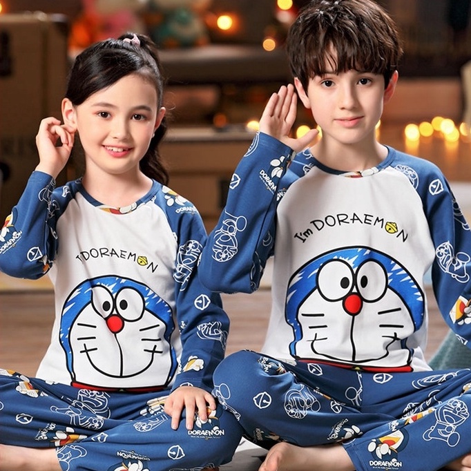 Bộ đồ ngủ cotton tay dài cổ tròn thoáng khí in họa tiết hoạt hình đơn giản thời trang cho trẻ em