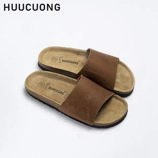 Dép unisex 1 Quai Ngang HUUCUONG Quai Da Thật Màu Nâu Đế Trấu