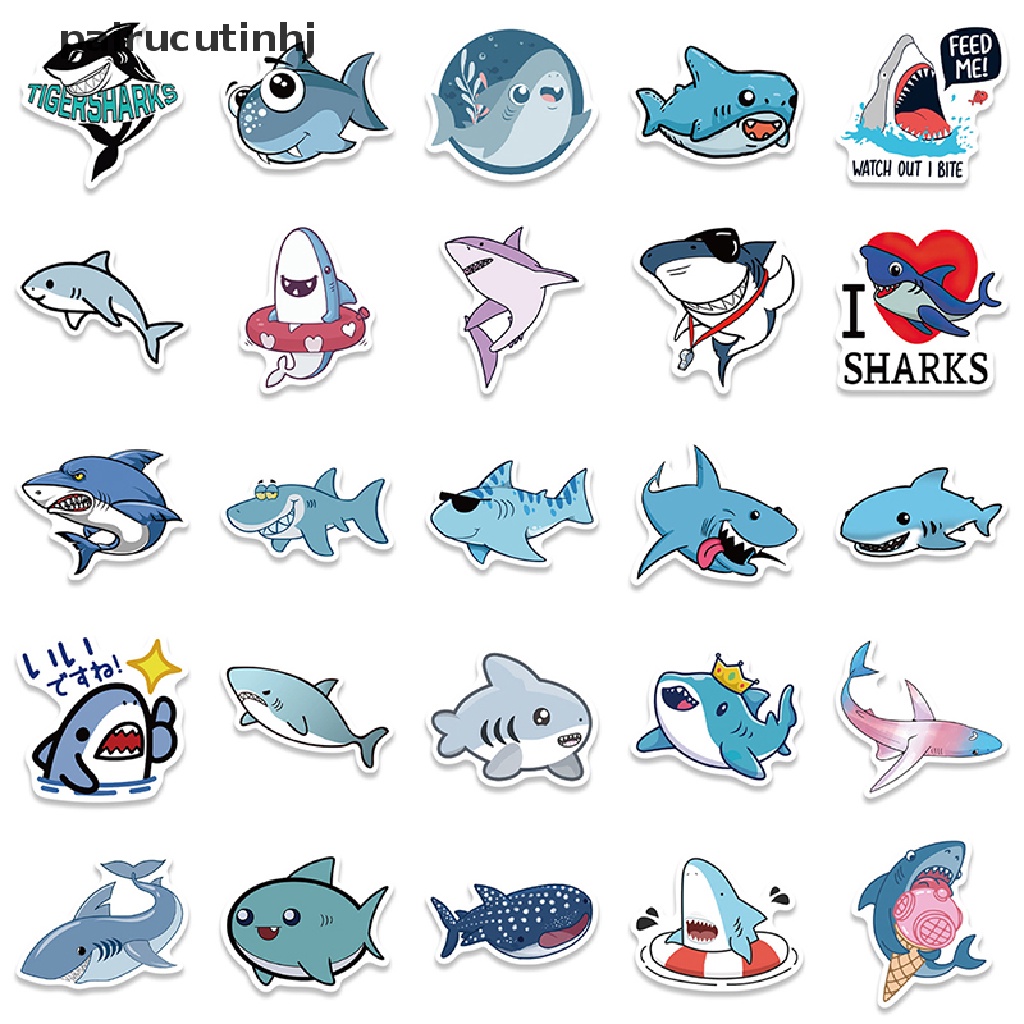 Bộ 50 miếng dán hình cá mập graffiti xinh xắn trang trí ván trượt / guitar / sổ tay